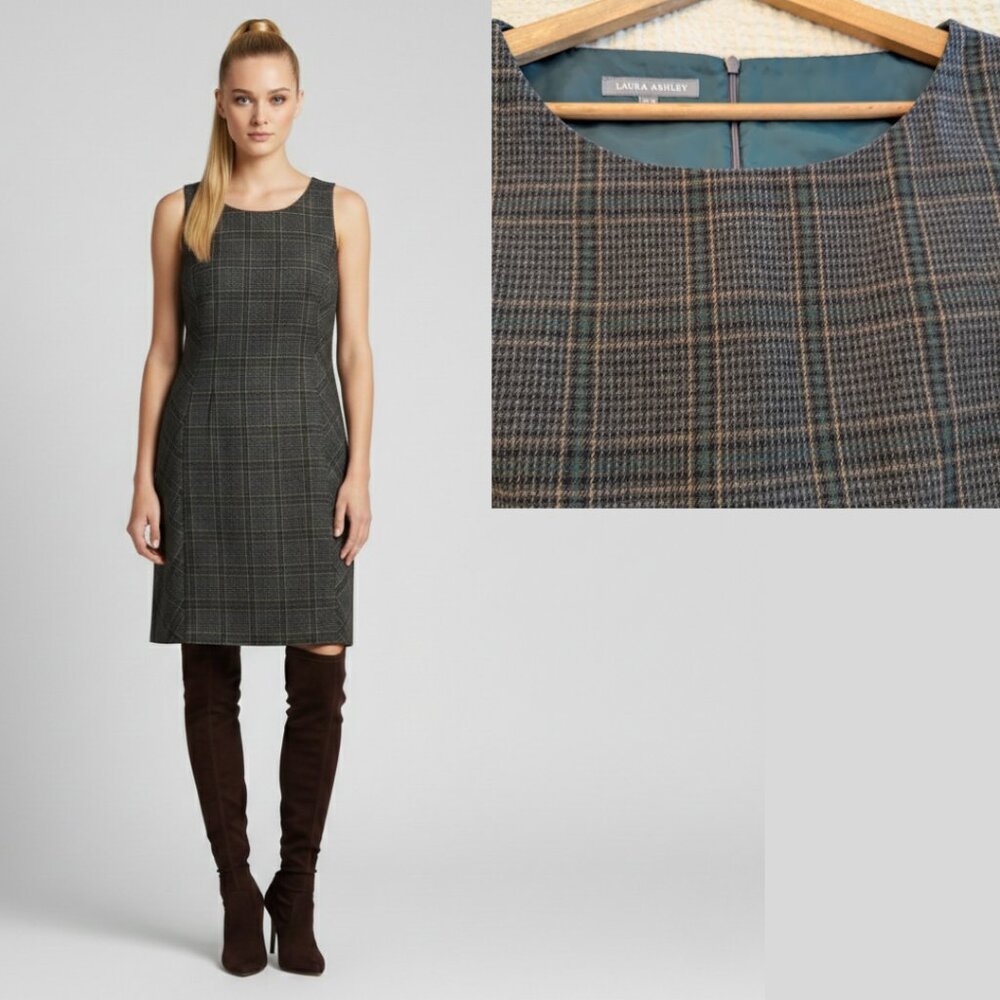 Plaid Wool Blend Laura Ashley Sleeveless Dress Fully Lined Pockets Size 12 - Picture 3 of 11